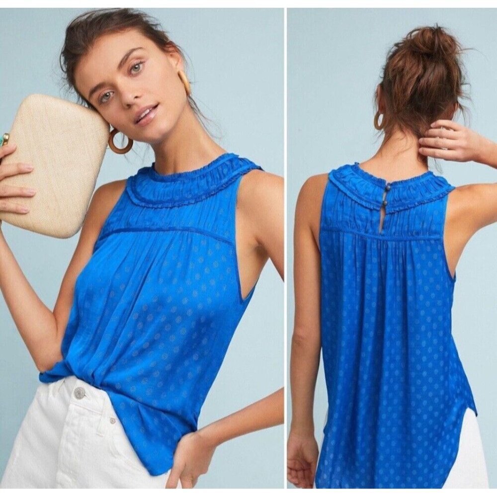 Anthropologie Maeve Royal Blue Clovis‎ Pleated Dot Top Sleeveless Blouse Size 0
